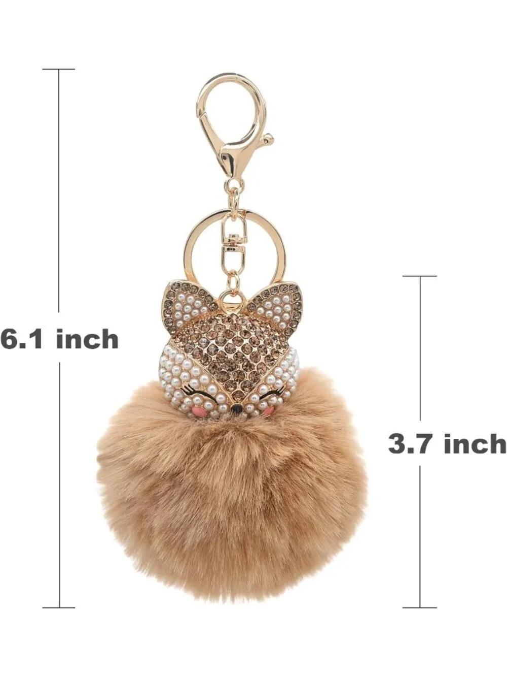 Women's Brown Head Keychain with Faux Fur Pom-Pom Bling Rhinestones Simulated